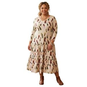 Astrologie Womens XL Feather Print Tiered Maxi Dress V-Neck Long Sleeve Oatmeal